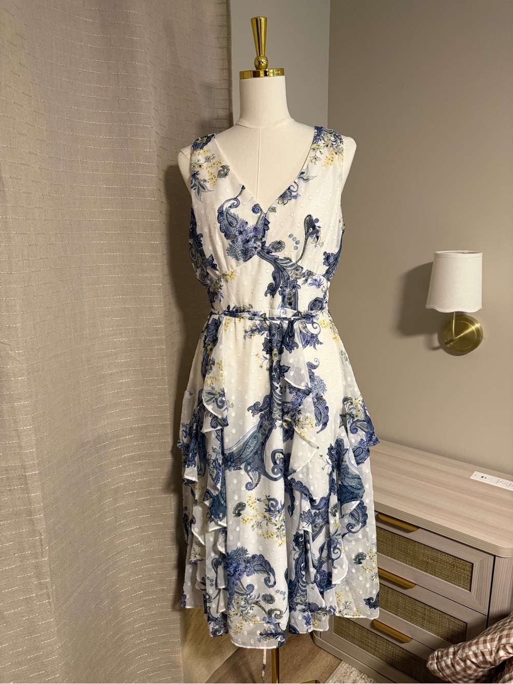 Danny & Nicole White Midi Dress with Blue Paisley Print NWT
